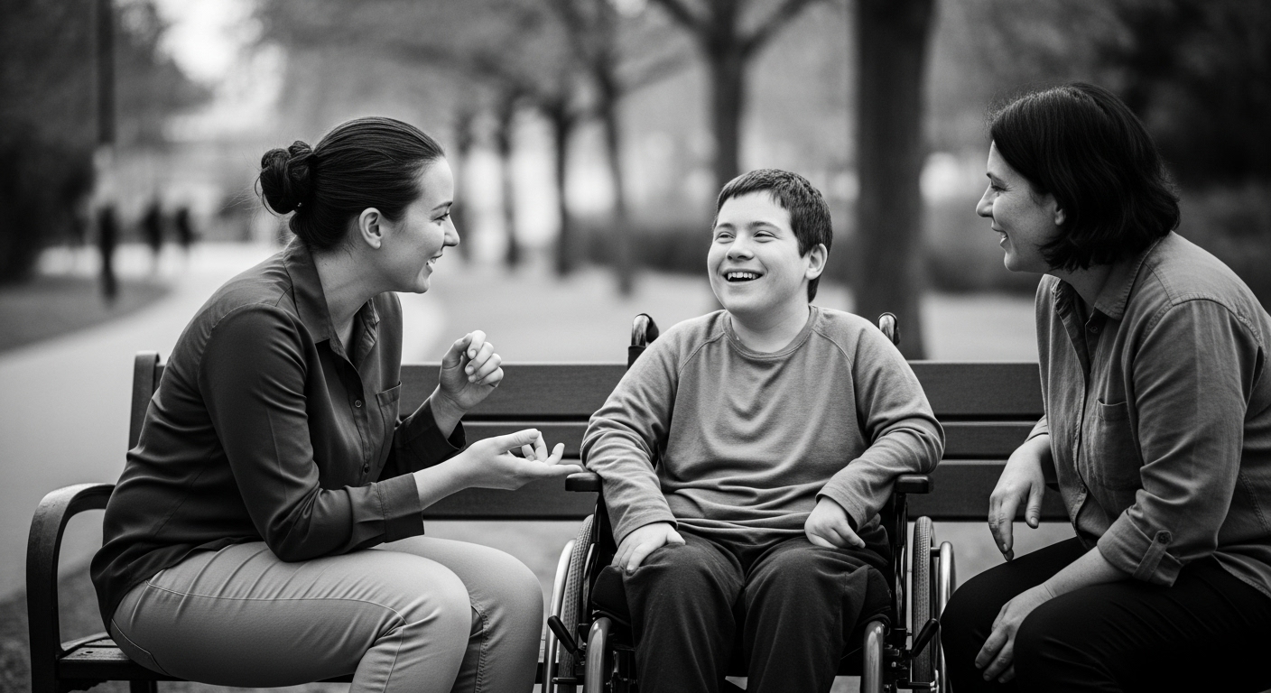 Support worker and participants sharing a moment outdoors